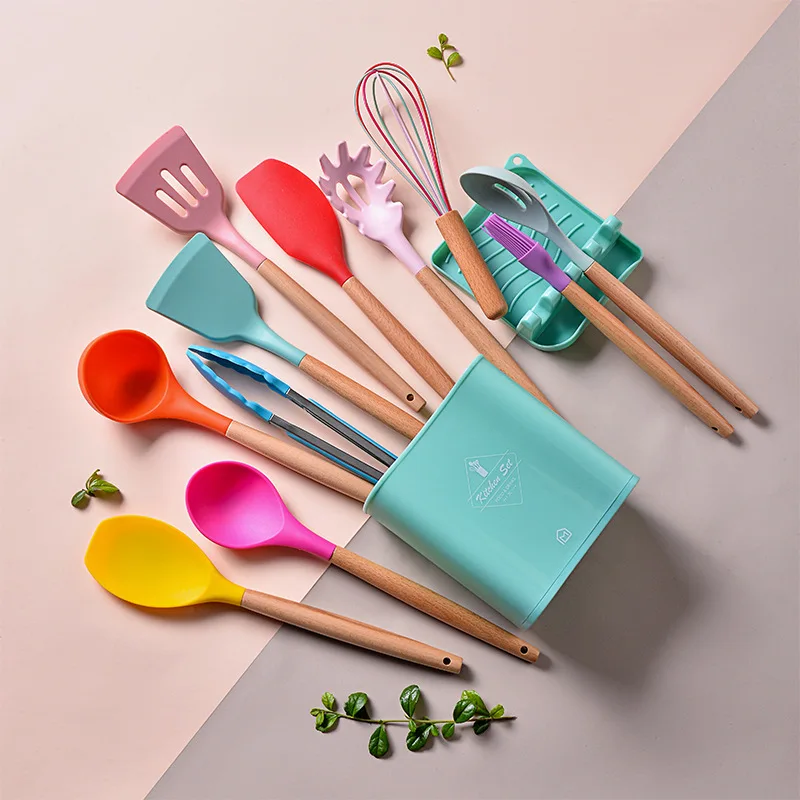Mixed Multicolor Silicon Cooking Skimmer Stainless Steel Wood Tools Pink Camping 12 Pcs Silicone Kitchen Utensil Set