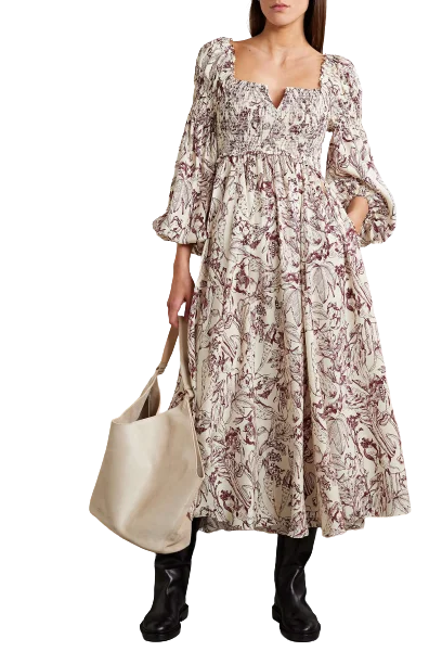 Winter bangkok korean designer Square neck pocket shirred printed silk charmeuse midi dress