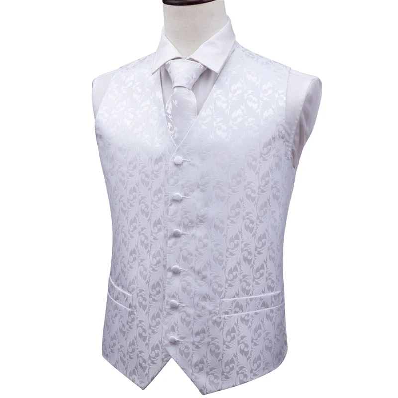 Men Solid White Suit Vest Silk Waistcoat Formal Paisley Ties Cufflinks Pocket Square Set for Tuxedo Male Gift MJ-2002