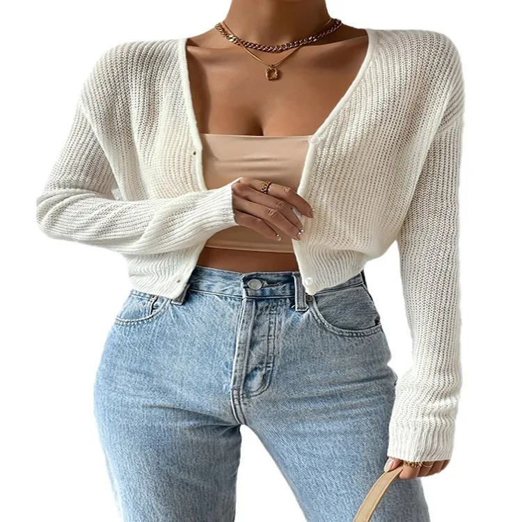 2024  Amazon spring new sexy short long sleeved pit strip knitted elastic slim sweater cardigan for women