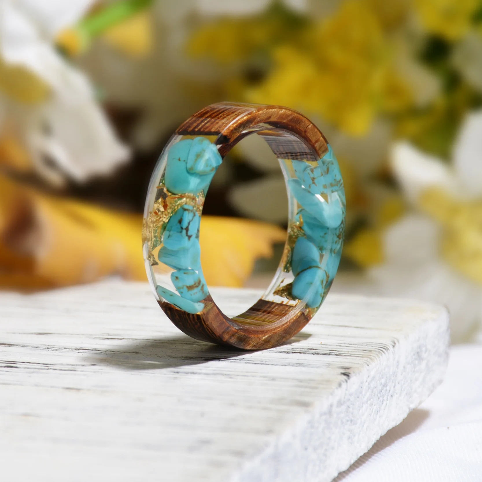 Women Men Party Wooden Round Rings For Men Vintage Clear Wood Resin Handmade Dried Flower Epoxy Rings Secrets Wood Ring Jewelry