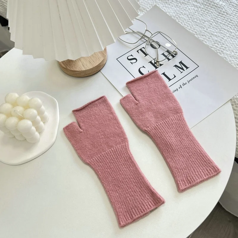 Solid Color Half Finger Knit Gloves Soft Warm Stretch Custom Knit Gloves Mittens For Men And Women
