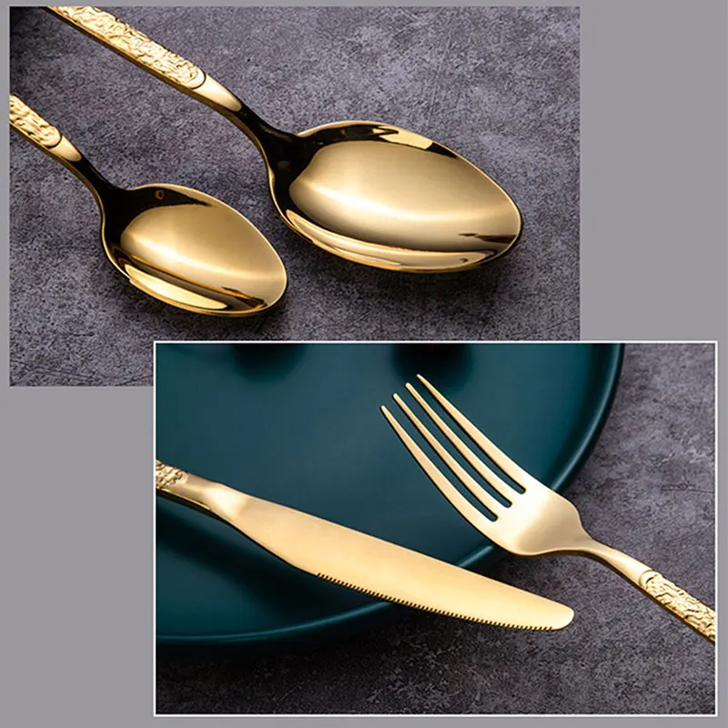 Wedding Baroque Royal Gold Knife Fork Spoon Set Golden Plated Silverware Engraved Spoon Stainless Steel Rose Gold Cutlery Set