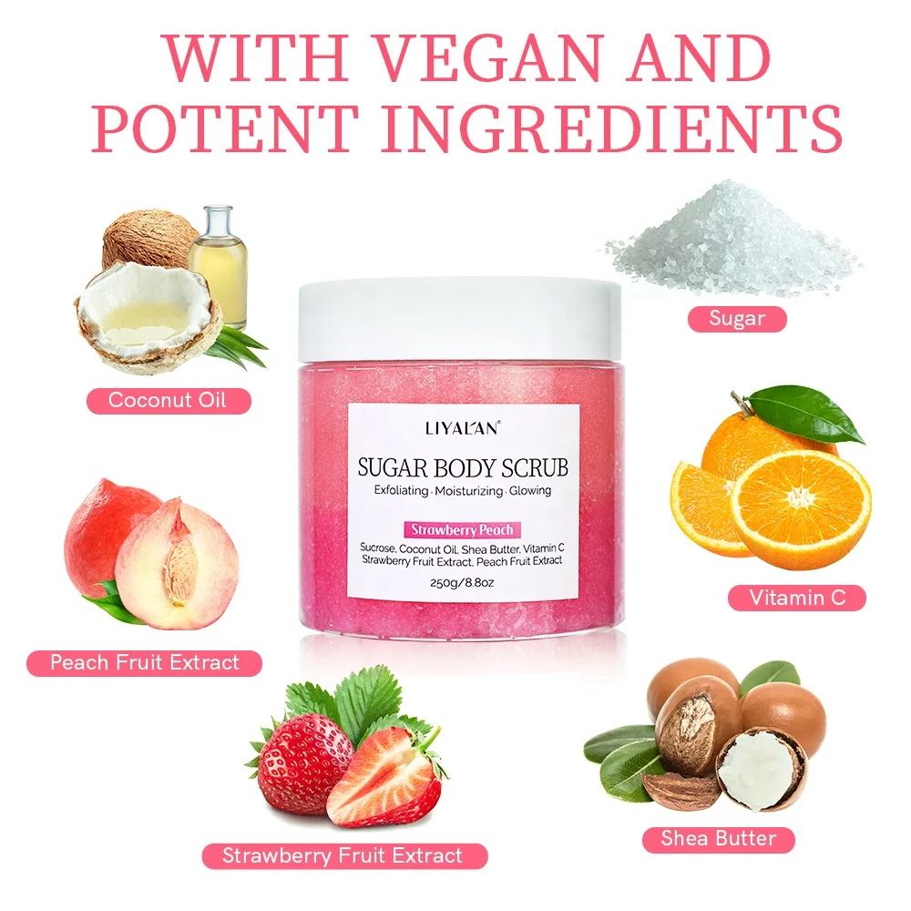 Private Label Strawberry Peach Scrub Bath Exfoliating Moisturizing Hydrating Vegan Fruit Sugar Body Scrub