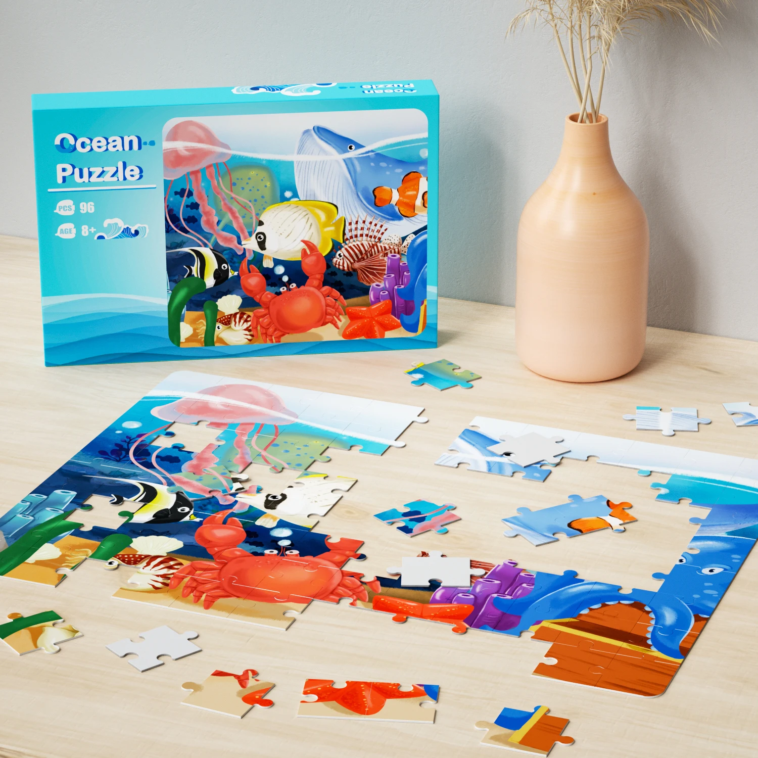 Custom children cartoon animal jigsaw puzzle ocean animal printing paper cardboard 50 100 pieces for kids