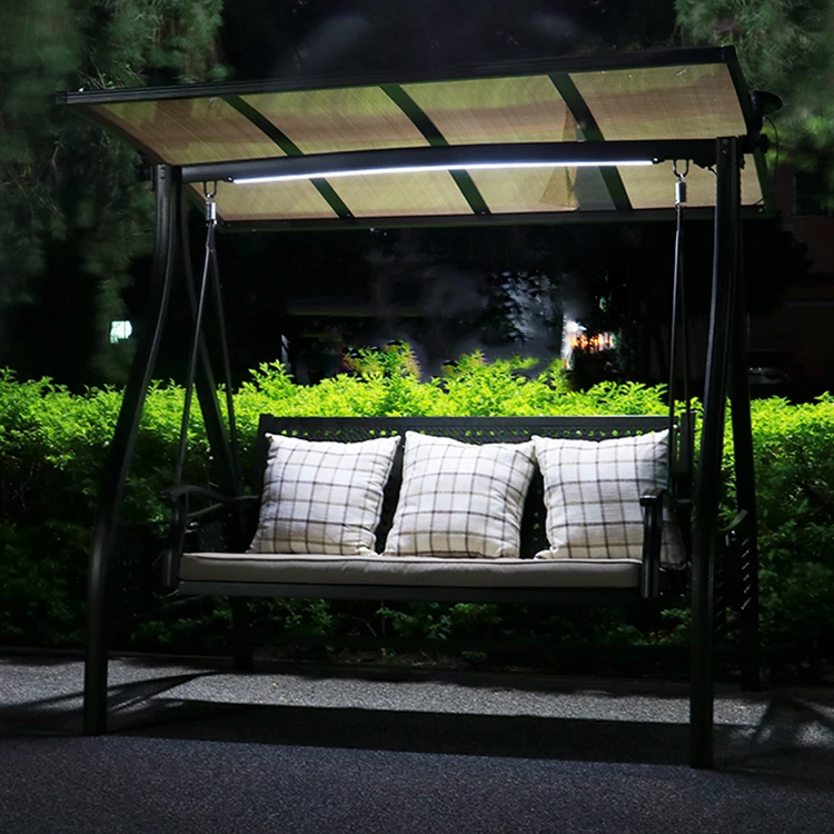 Uplion Swing Chair With Canopy Outdoor 3Person Yard Hammock Swing W/Solar Led Light Bench Patio Swinging Chairs
