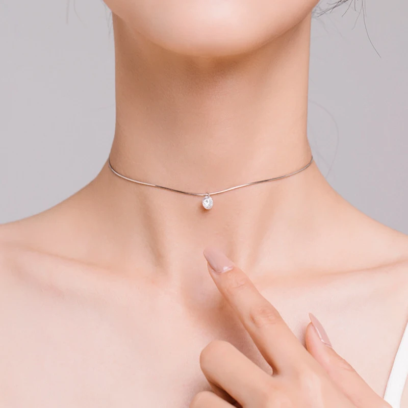 Temperament s925 silver female fresh girl necklace female single diamond fashion short necklace snake bone chain jewelry