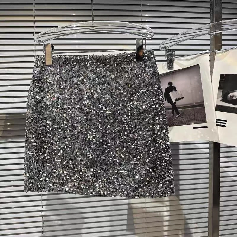 OUDINA Hot Sale Wholesale Nightclub Crystal Rhinestones Sequined Shiny Short Skirt Sequin Mini Ladies Skirts