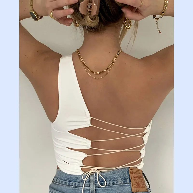 Shoulder Tops Fashion Sexy Backless Lace Up Crop Tops for Women Summer Bandage Top Sleeveless Cropped