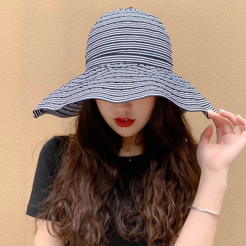Модные пляжные шляпы для женщин, летняя Солнцезащитная складная шляпа в полоску с широкими полями