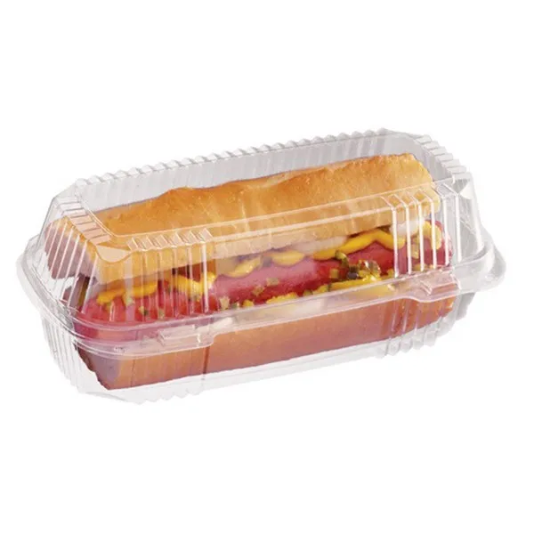 Clear OPS PET Plastic hinged food container clamshell packaging for hotdog bread packaging