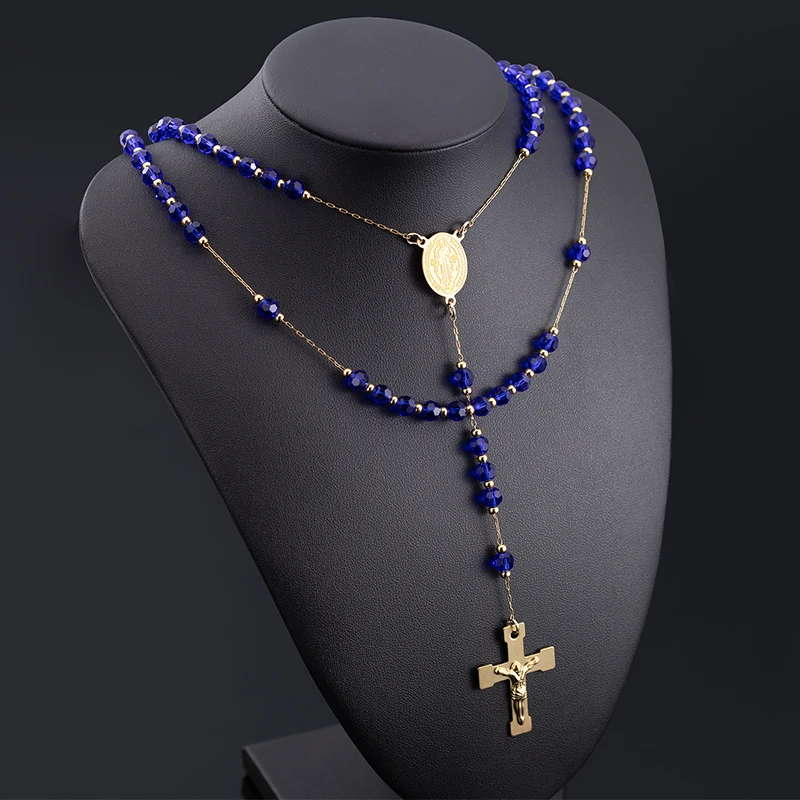 Stainless Steel Necklace with Blue Black Crystal Beads Chain Catholic Rosary Virgin Cross  Perfect Gift Christians Jewelry
