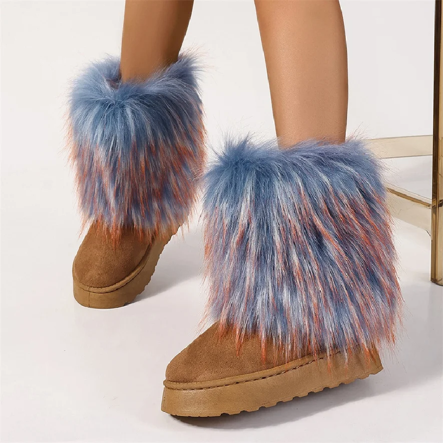 New Style Women S Furry Fluffy Short Snow Boot Faux Fur Fuzz Moon Booties Mid Calf Boots Warm Comfortable Outdoor Platform Shoes