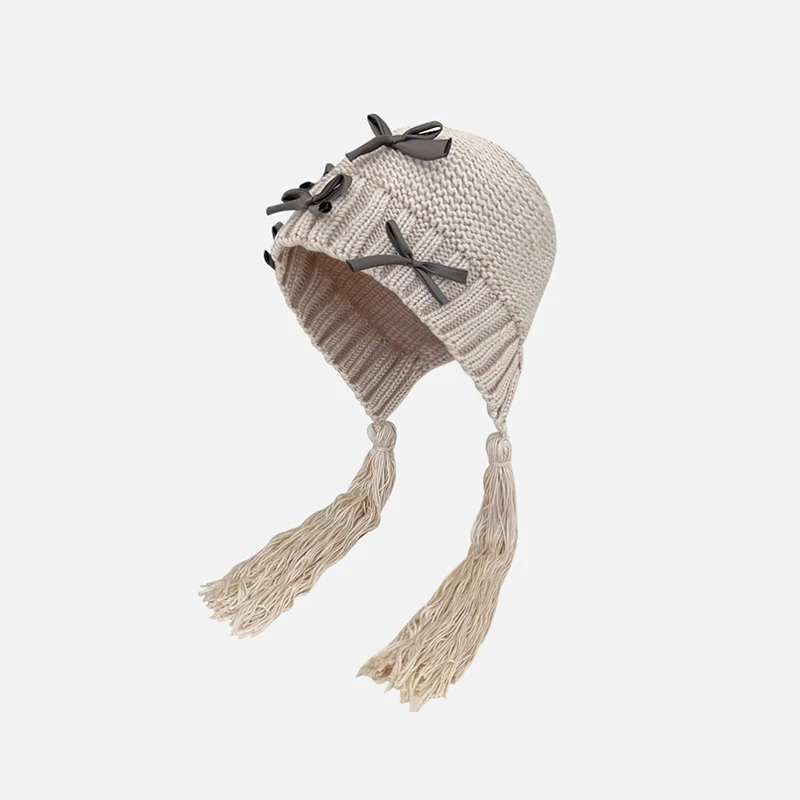 Custom Earflap Beanie Bow Tassel Knitted Hood Earflap Hats Winter Angora Knit Beanie Plush Hats