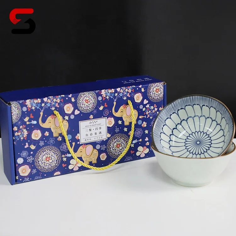 EGRAND White And Blue Decal Ceramic Bowl Stackable Soup Noodle Salad Bowls, Custom logo and Gift Box