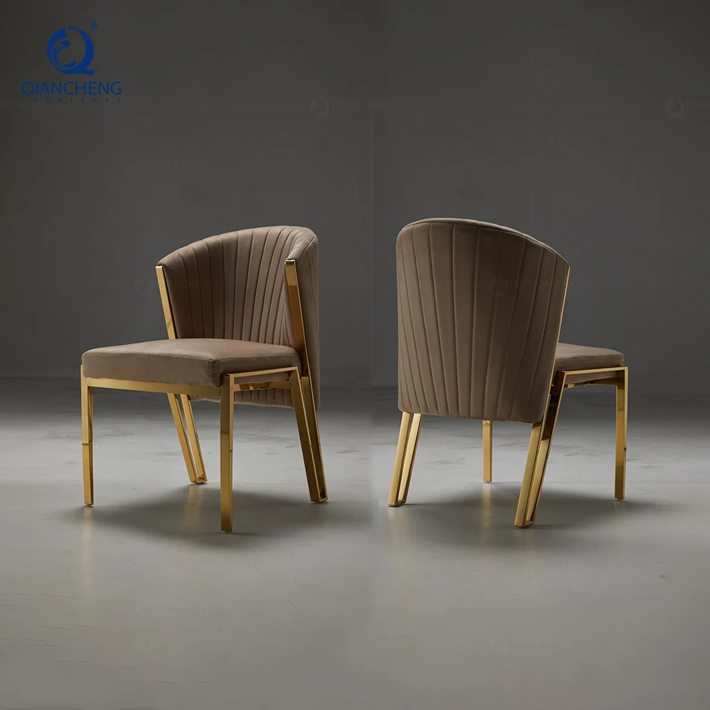 QIANCHENG kitchen counter chair grey velvet golden stainless steel mirror italian designers expensive dining table chairs