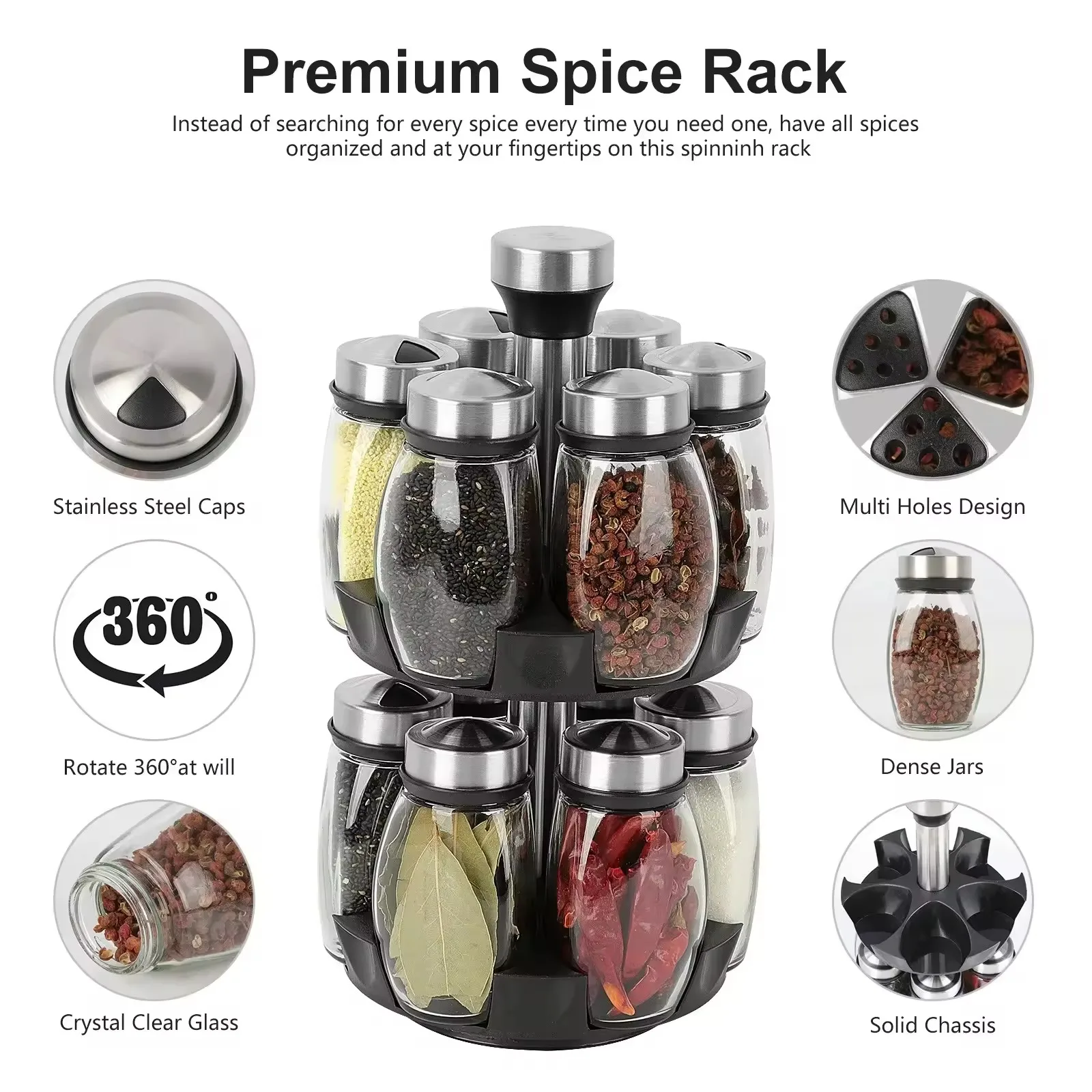 Spice Rack Organizer Kitchen Countertop Spice Storage Rack Swivel Rack Tower Set with 6 Glass Spice Refill Container Jars
