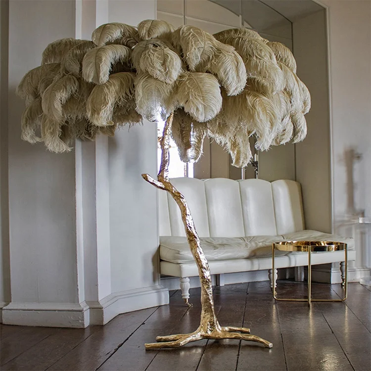 Dropshipping Modern Luxury Palm Tree Shape Copper Stand Ostrich Feather Floor Lamp for Home Decoration
