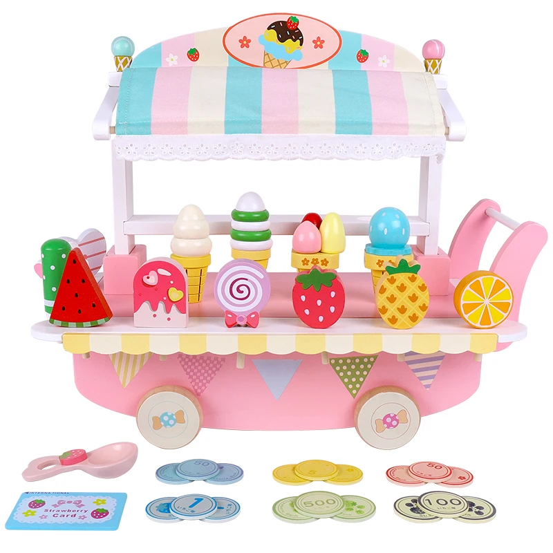 Kids Pretend Play Wooden Ice Cream Car Toys Simulated Food Fruit Cart Car Store Shop Toy Set Kitchen Game