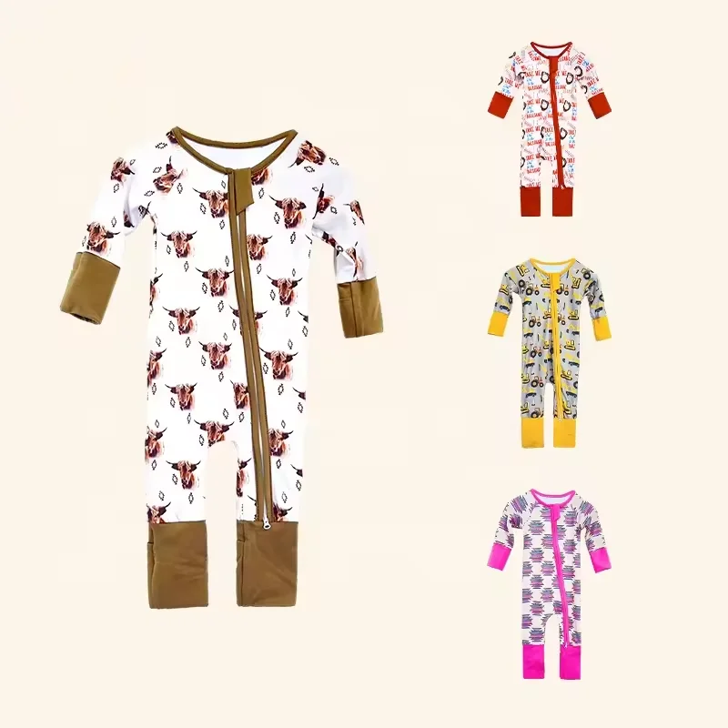 Wholesale Custom Bamboo Fabric Long Sleeve Baby Fold Over Sleepwear Boy Girl Zippy Romper One Piece Pajamas Clothes