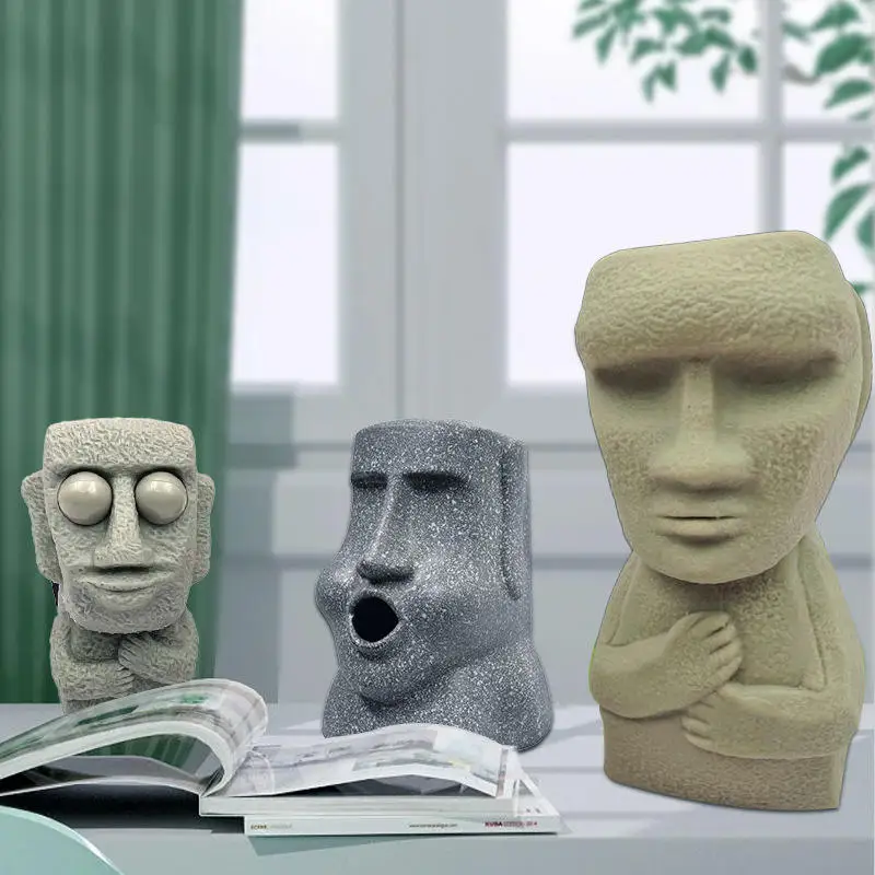 Funny Gypsum Rock Figure Moai Stone Man Face Candle Mold Aroma Concrete Statue Epoxy Resin Silicone Molds for sale