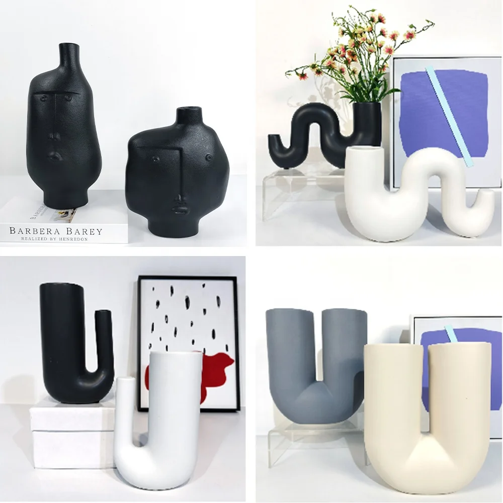Modern Simple Nordic Design Black Ceramic Vase Creative Interior Decor with Antique Flower Pattern Matte Glaze for Hotels