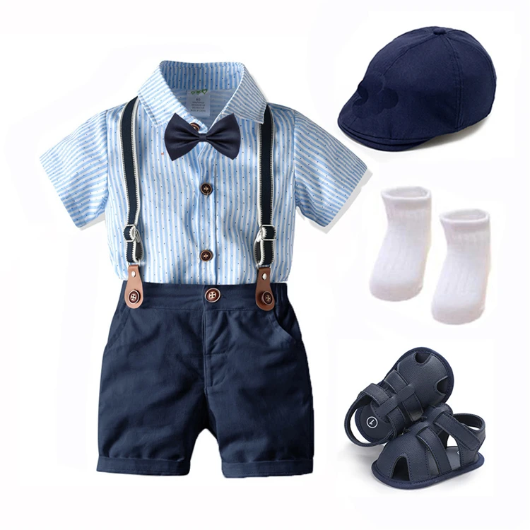 Summer Boys Outfit Hat Shoes Baby Clothes Set Bow Tie Bib Suit Newborn 7 Pieces Party Birthday Clothes 3 6 9 1 2 18  Months