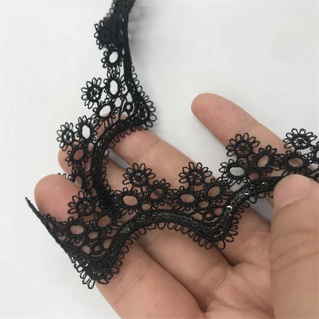 20MM black fancy ripple shape lace trim decoration eyelash embroidery sequin chemical french lace for bridal dress