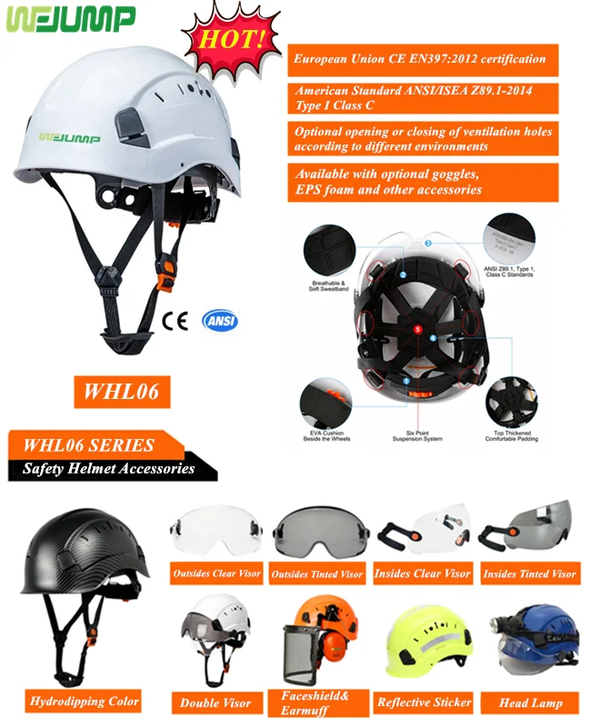 WEJUMP CE EN397 ANSI Hiking Helmets Working ABS Hard Hats Construction Safety Helmets With Vsior and earmuff
