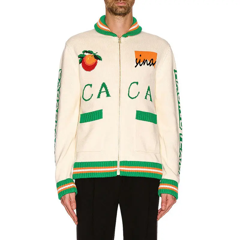 Custom LOGO OEM men sweaters Intarsia Cotton Zip Up Cardigan Sweater Custom Casual Knitted Jacket Coat men cardigan sweater