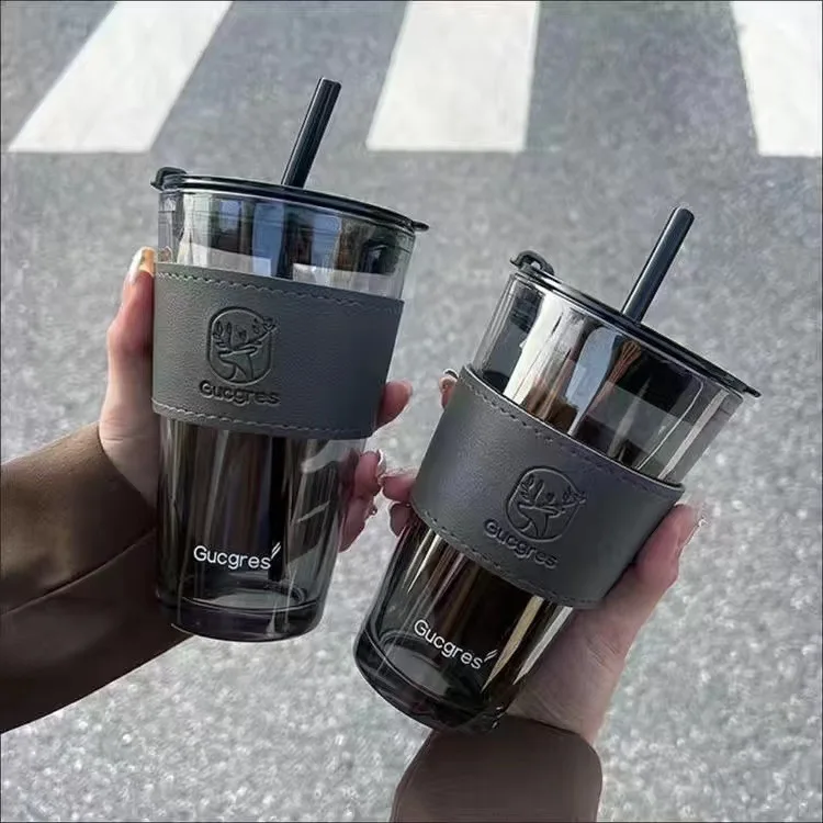 Hot Sales Luxury Electroplated 350ml/450ml Takeaway Glass Cup Coffee Water Drink Cup Mug With Straw And Silicone Sleeve