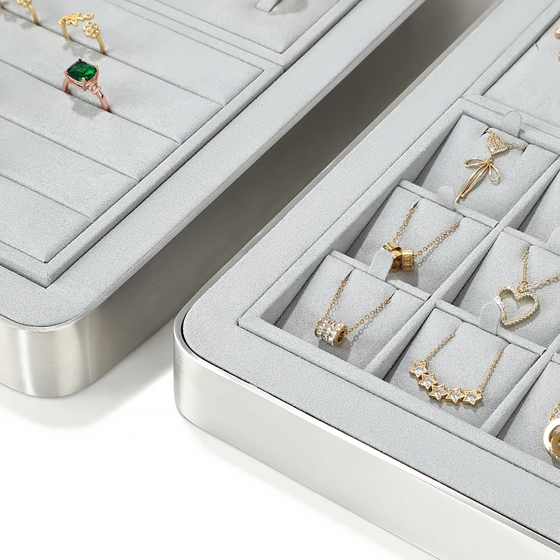 Luxury Fine Microfiber Jewelry Showcase Display Stand Sets Jewelry Rings Line Tray Jewelry Display