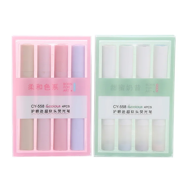 Morandi color school student highlighters set kids soft head marker pens set stationery supplies packs of 4 pcs