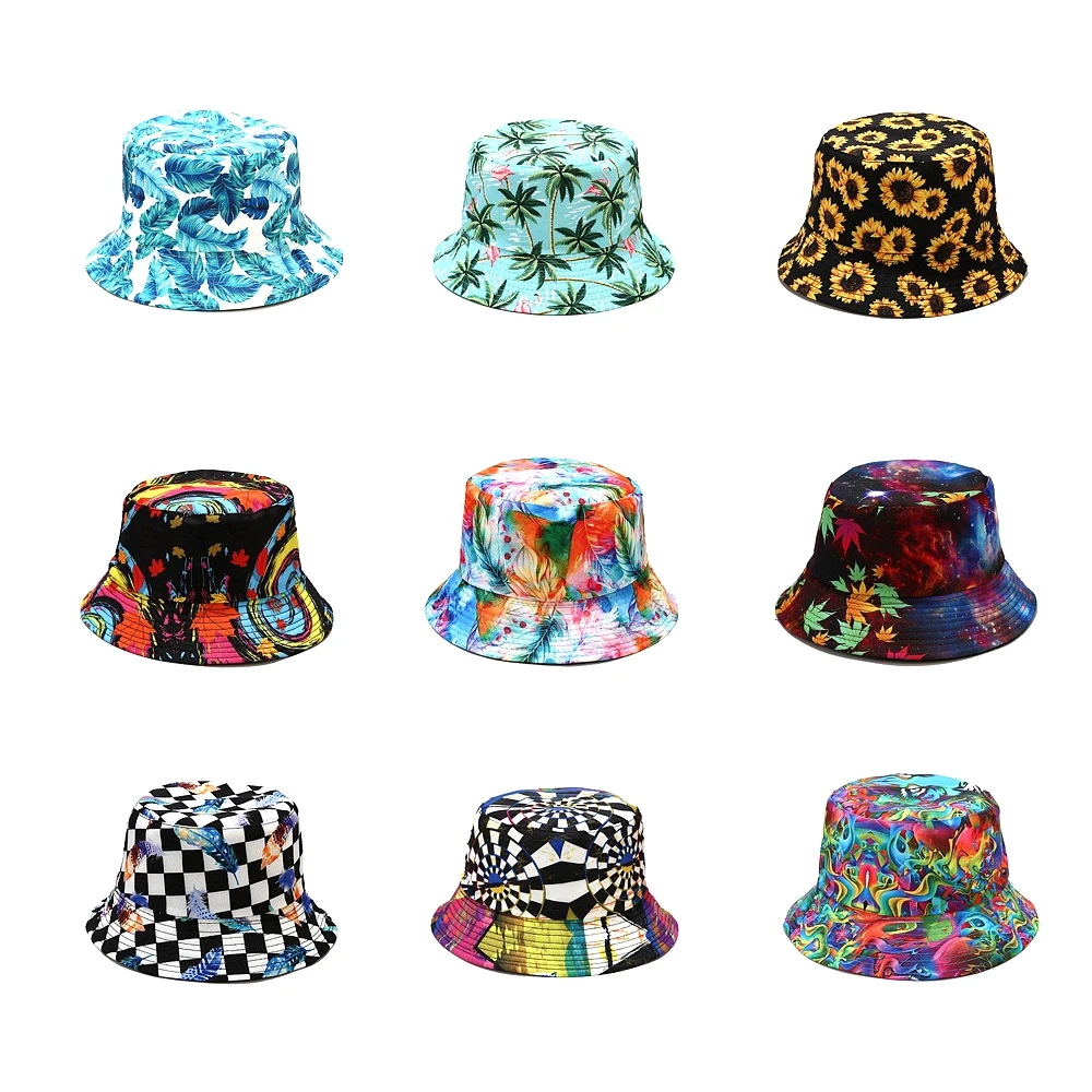 New ins  plant print double sided bucket outdoor cap Geometric multi style sunshade ins fashion good bucket hats