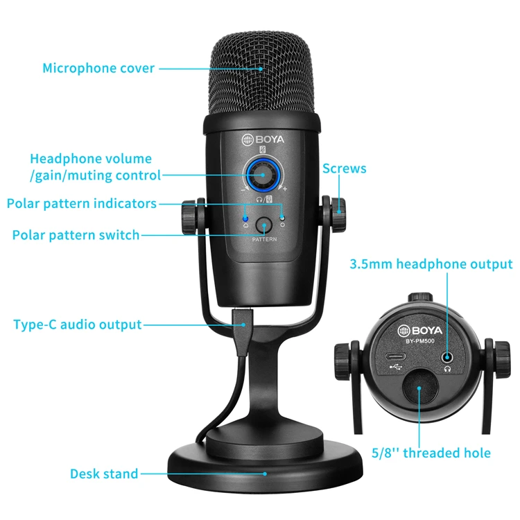 BOYA BY-PM500 Professional Recording Studio Microphone Desktop USB Condenser Mic with Stand for Podcasting Gaming Vlogging