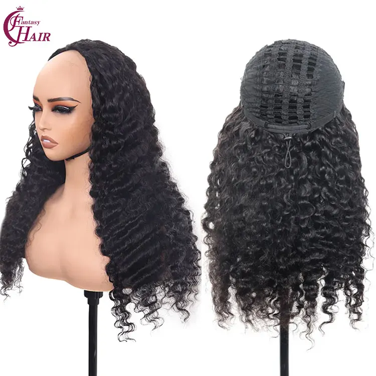 FH Wholesale 3 IN 1 Half Wig  Raw Burmese Curly 200% Density Half Wig Wear and Go Drawstring Seamless Clip Ins Human Wig No Glue