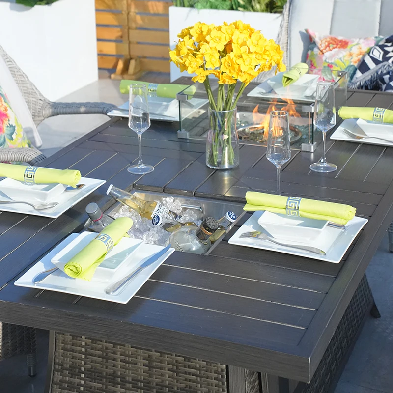 6 seat Modern Ice Bucket Gas Fire Pit Rectangular Dining Set-Brown Outdoor Rattan Furniture Chairs And Tables