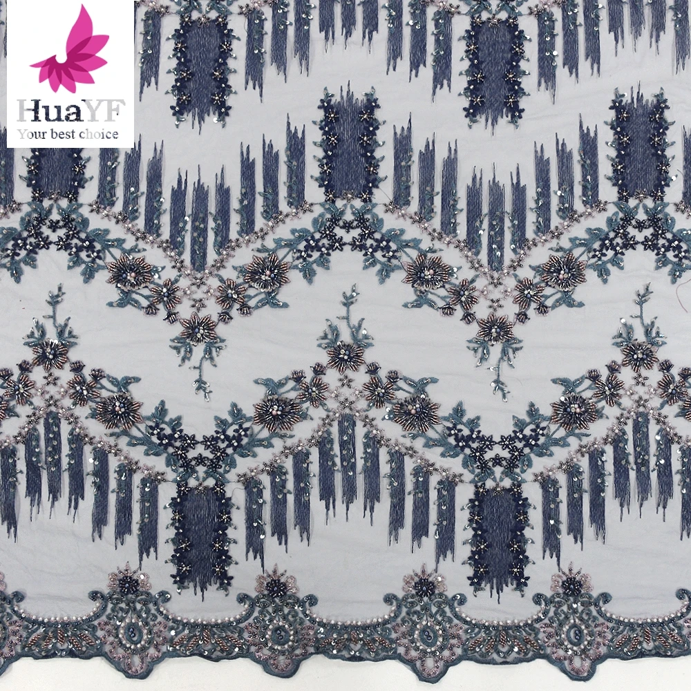 2020 latest design french navy blue 3d beaded lace with sequins handmade pearls embroidery lace fabric for 5 yards HY1220-4