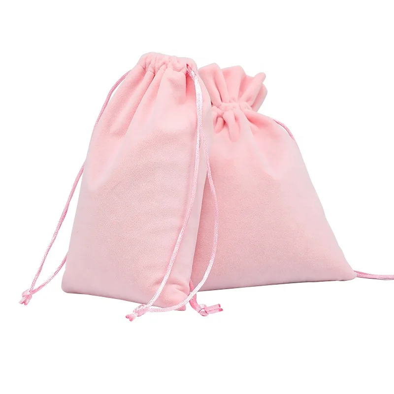 Pink Velvet Fabric Jewelry Drawstring Packing Bag For Treasure Storage Custom Logo Printed Jewelry Bag Pouch