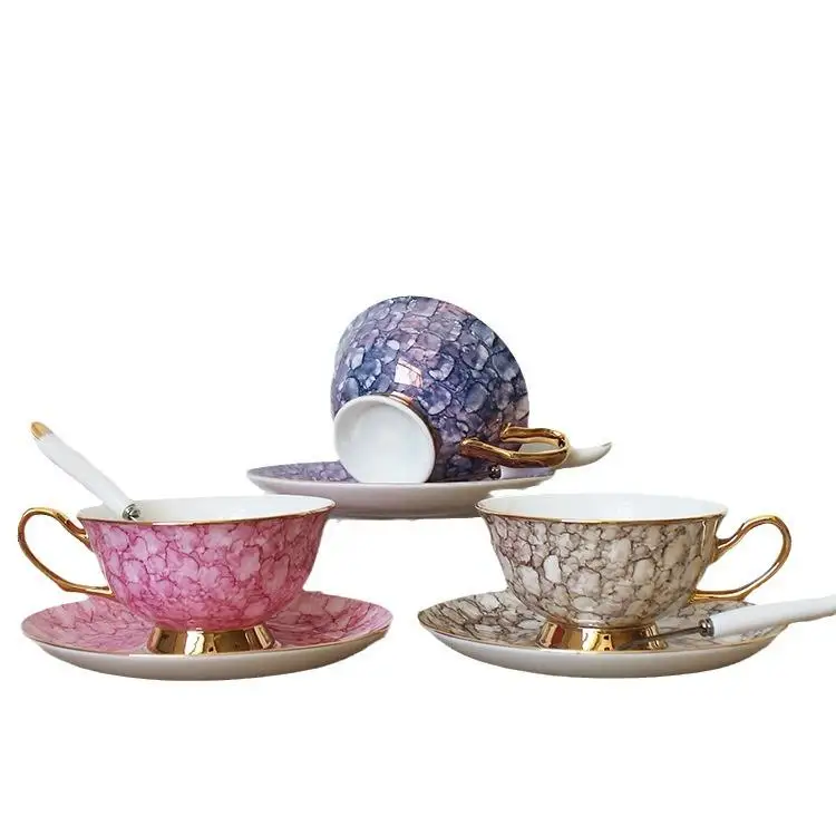 New Product Hand-Painted Marble Ceramic Coffee Cup And Saucer With Spoon Golden Handle 300ML Creative Afternoon Tea Cup