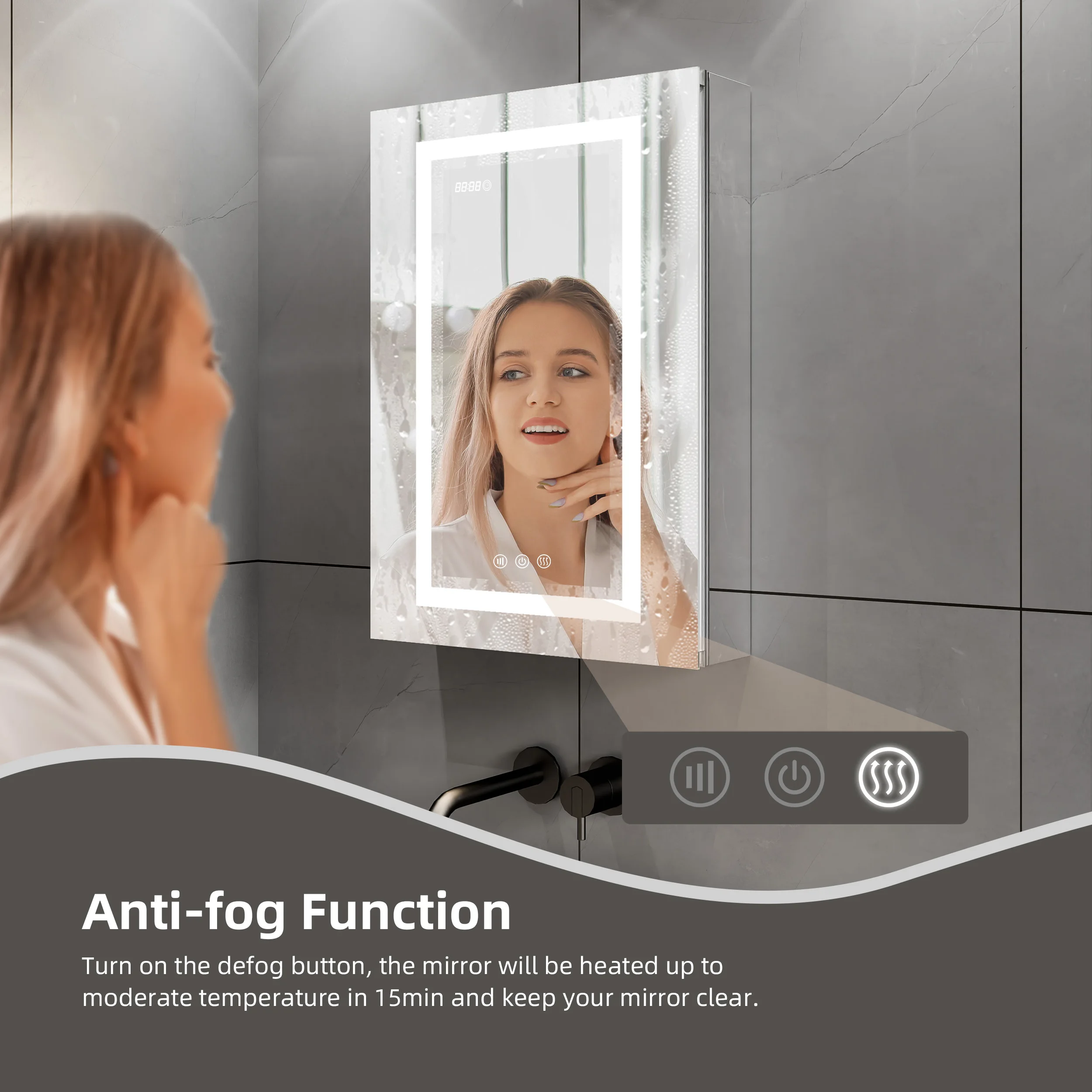 Clock And Temper Display Adjustable Shelves 3-Color Lights Defogger Smart Led  Bathroom Surface Mount Mirror Cabinet