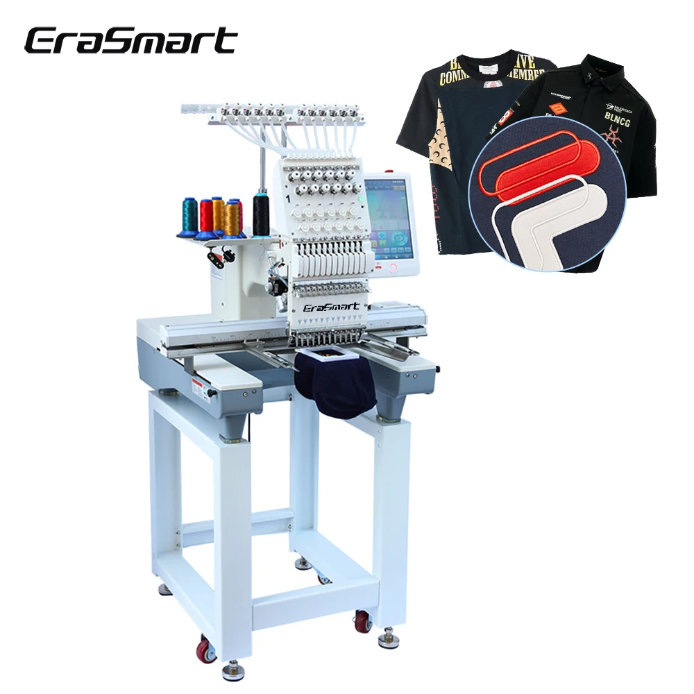2024 Erasmart Hot Selling mini textile embroidery machine 12 needle clothes Single head home computer flat embroidery machine