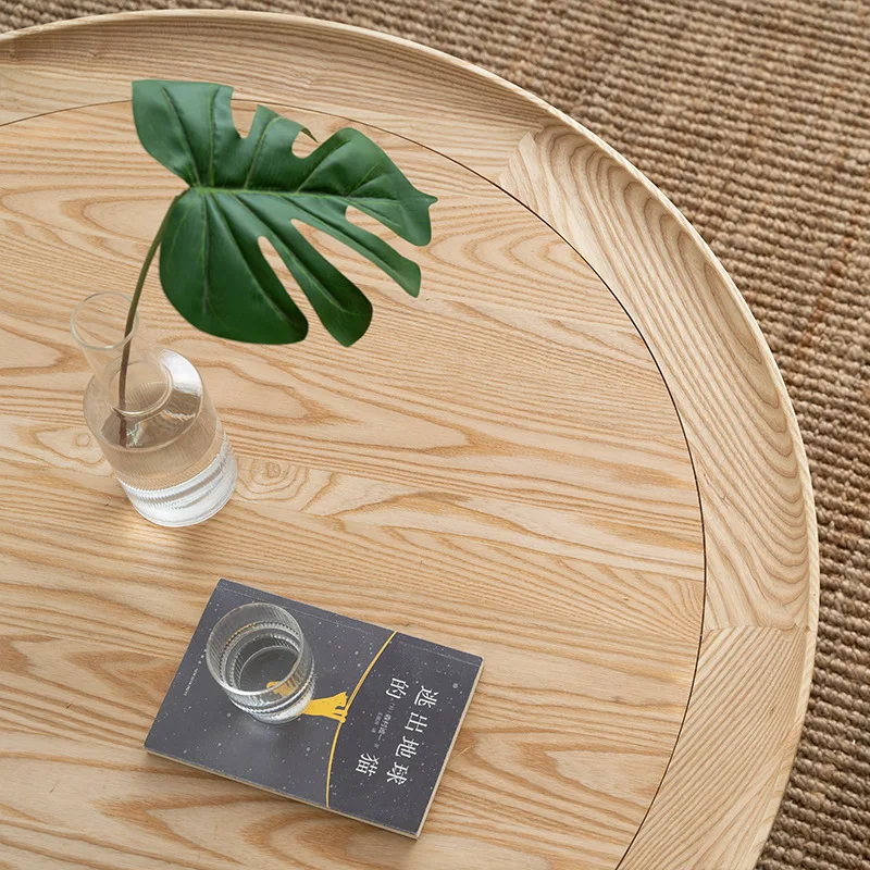 Newest Design Japanese Living Room Round Coffee Table With Storage Solid Wood Frame Rattan Tea Table