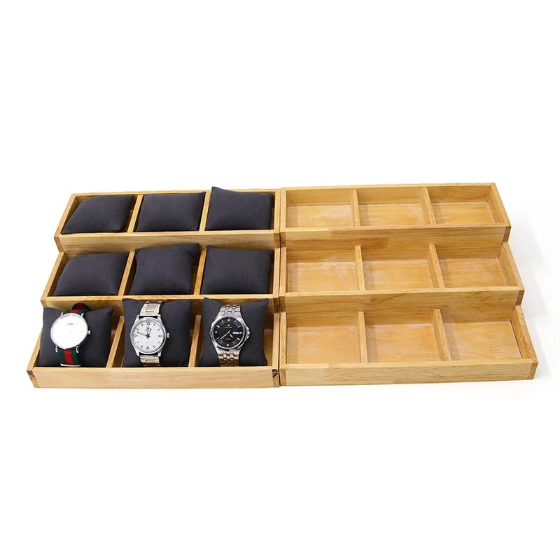 Wholesale hot sale watch bracelet display props beige solid wood 3-layer 9-position pillow tray