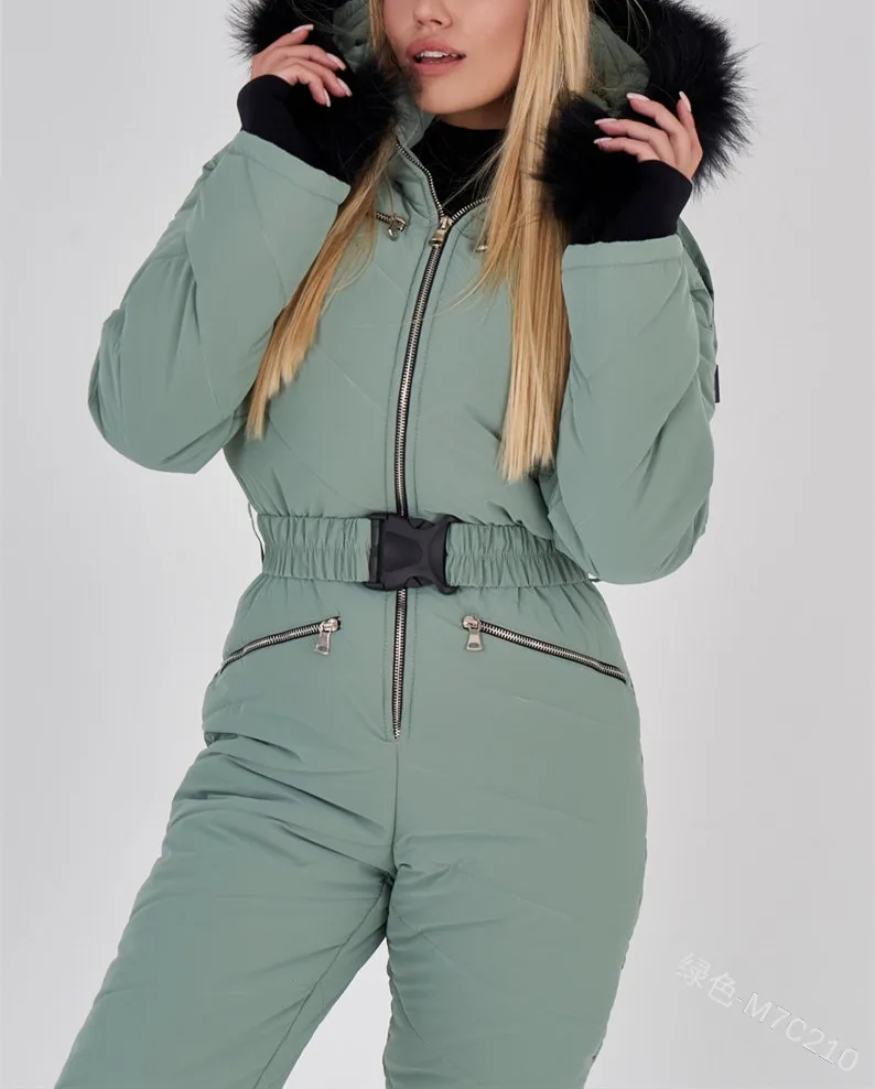 Winter warm woman fashion ski suit jacket hoodie outdoor sports jumpsuit zipper ski suit clothes