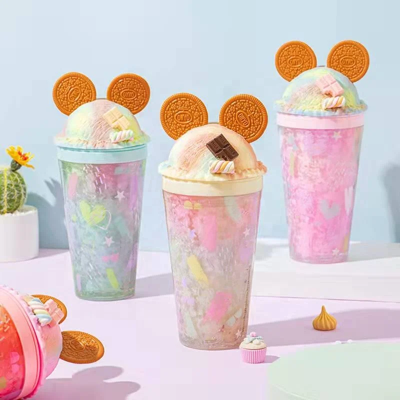 16 oz Double Walled Plastic Dome Lid Mick Ice Cream Ears paper coffee Tumbler Cups with lids and straws