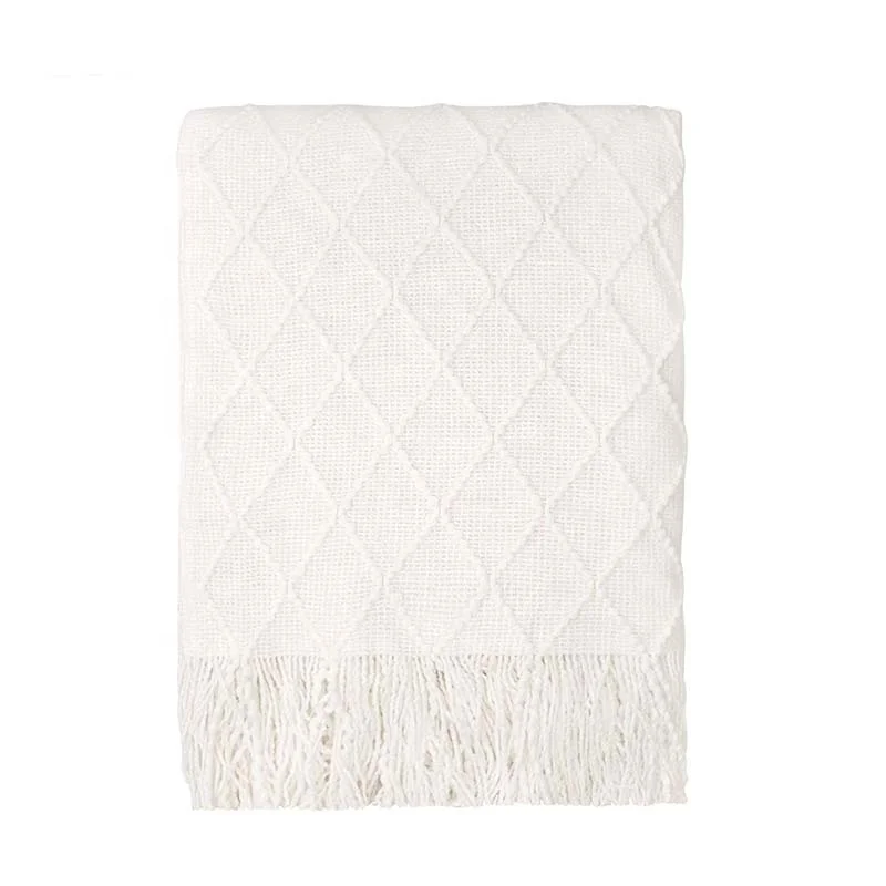 Modern customize 50 x 60 inches luxurious waffle cozy white woven knitted tufted throw blanket with tassels