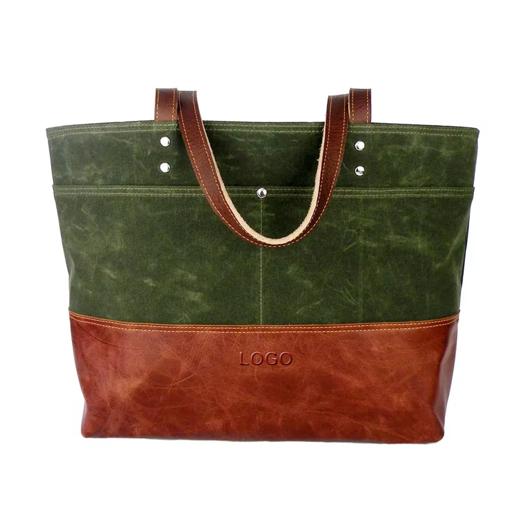 Custom Logo Color Extra Large Carryall Shoulder Bag Waxed Canvas Travel Tote Bag Leather Handle Waxed Canvas Tote Bag