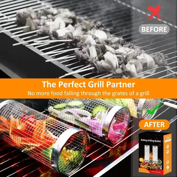 WONDERFUL BBQ cage round barbecue basket outdoor BBQ smoking cage Rolling Grilling Basket