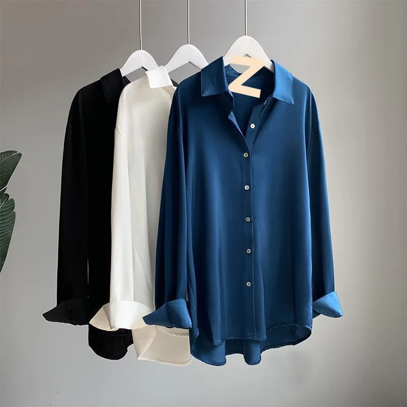 RNSHANGER New Satin Women Shirts Office Spring Vintage Korean Style Long Sleeve Oversize Blouse Elegant Ladies Button Up Blouse